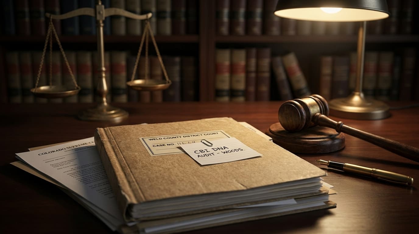Colorado courtroom gavel and DNA evidence file symbolizing the outrageous governmental conduct ruling in a Weld County case.