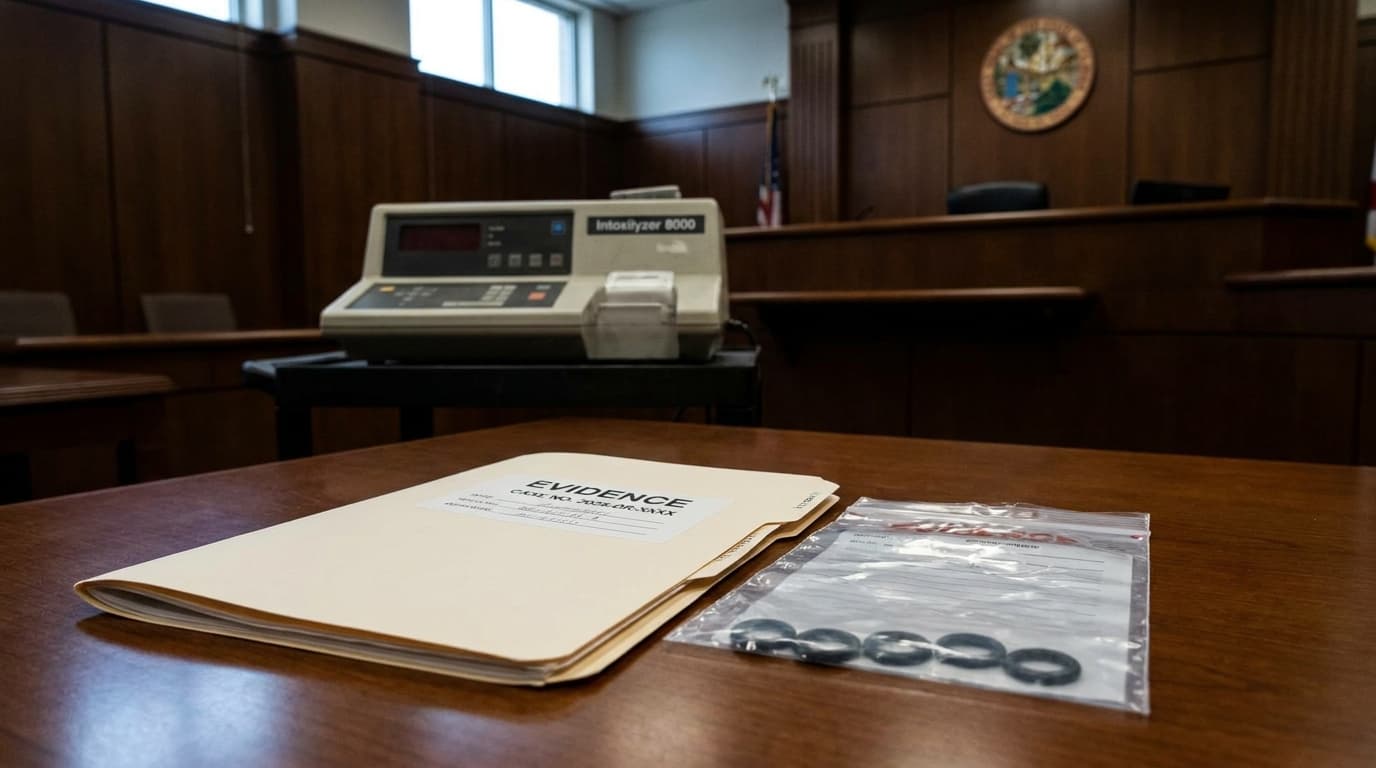 Intoxilyzer 8000 breath test machine opened to show five rubber O-rings at a Jacksonville DUI hearing.
