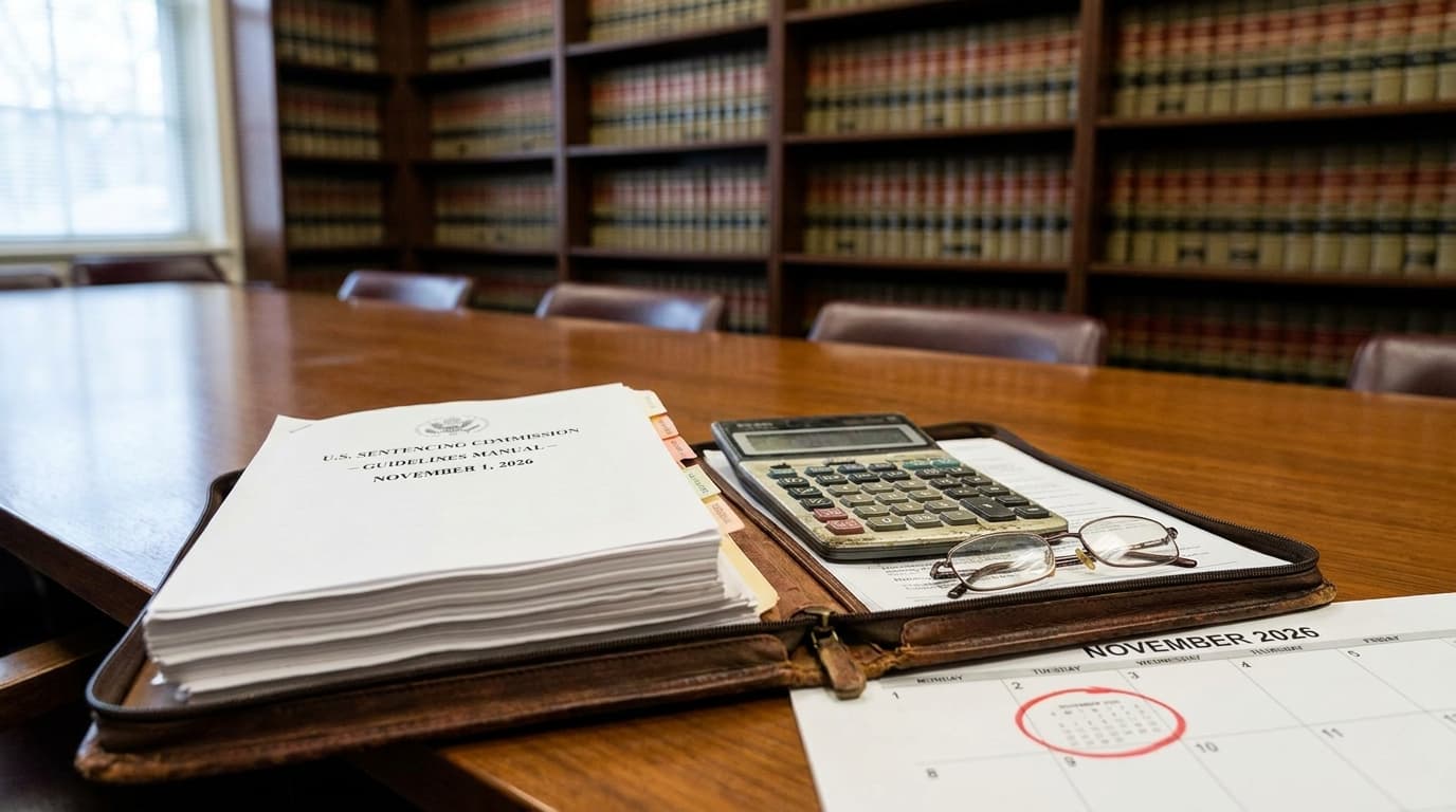 Federal sentencing table showing a $100,000 fraud loss enhancement dropping from 8 to 6 levels under 2026 guidelines