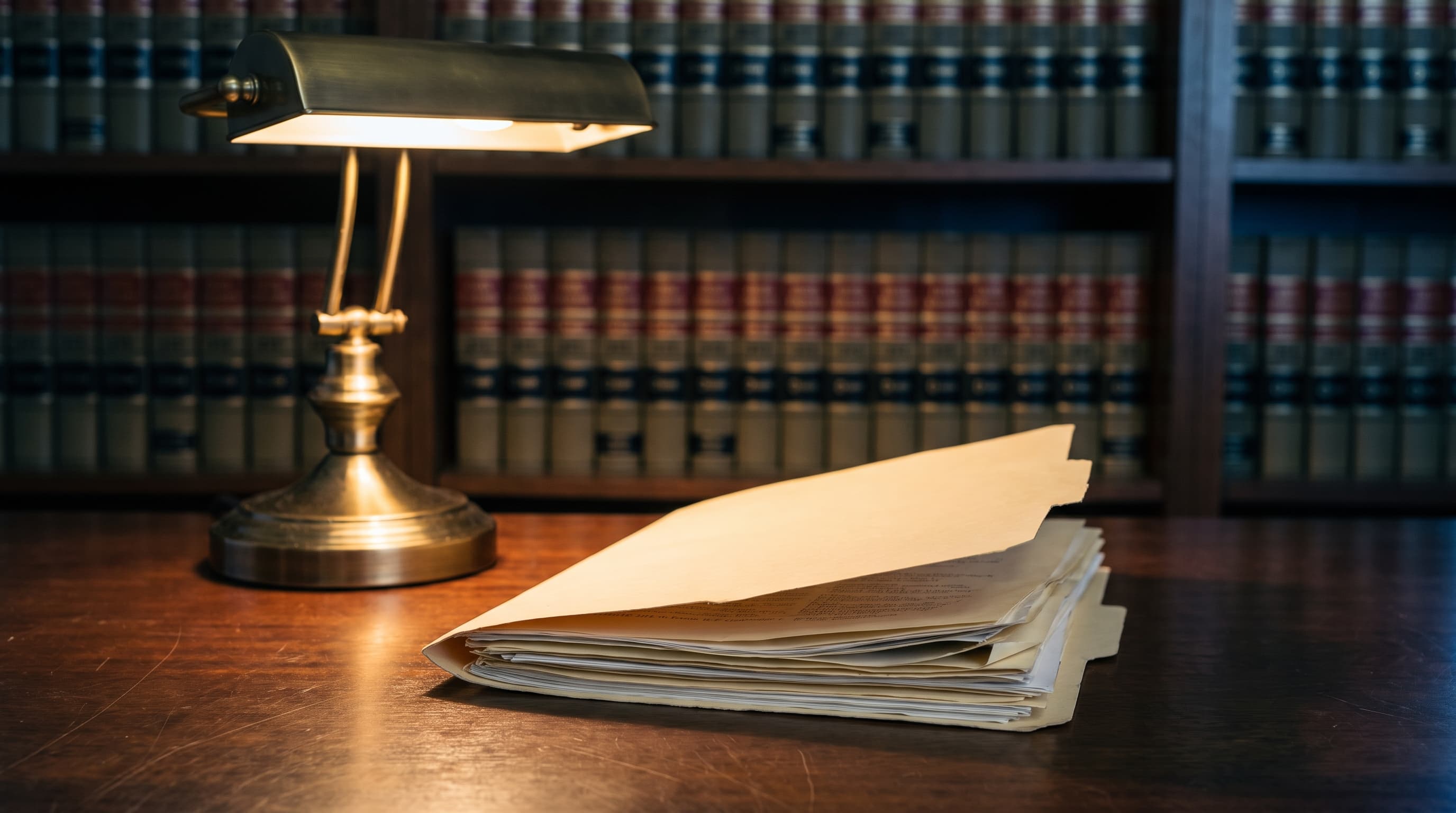 An open case folder lit by a desk lamp on a dark wood desk, with rows of blurred legal book spines in the background.