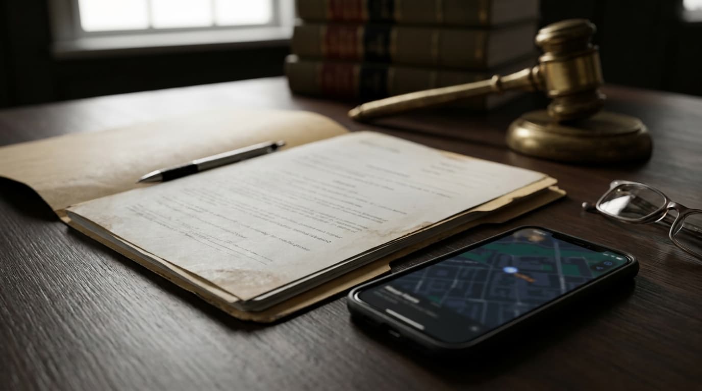 Smartphone showing a location pin next to a gavel, symbolizing a geofence warrant search under the Fourth Amendment.