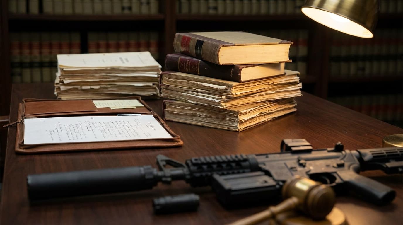 Federal courthouse with a gavel and suppressor, representing the Texas ruling on NFA Registration for suppressors.