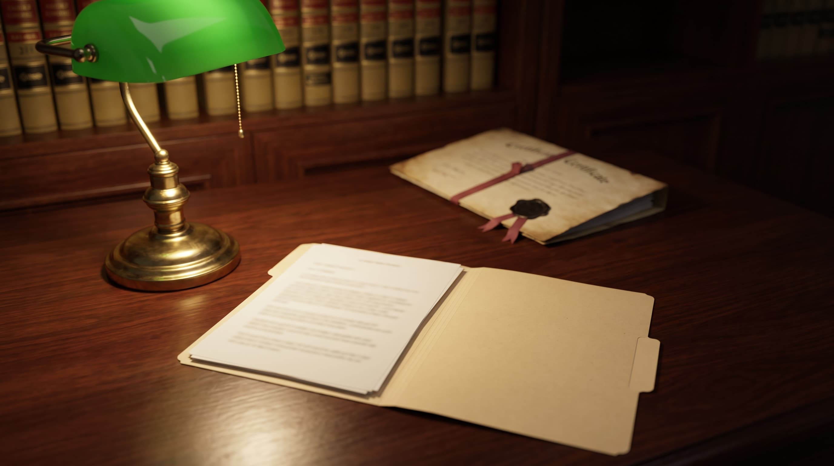An open case folder and a separate ribbon-bound certificate sit apart on a dark wood desk under a lamp, with blurred book spines in the background.